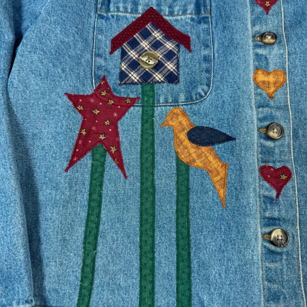 VTG Women XL Denim Coat Jacket Applique Birdhouse Patchwork Cottage Barn Chore - Picture 13 of 16
